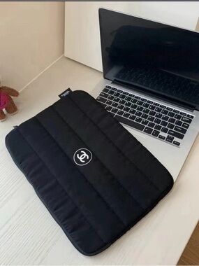 CHANEL Black Quilted Laptop Pouch with White CC Emblem